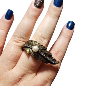 Vintage Style Antique Bronze Feather Statement Ring Faux Pearl Rhinestone Boho